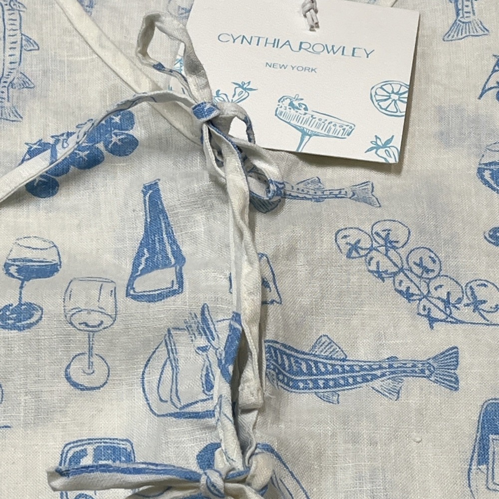 Cynthia Rowley Top White Linen Blue Italian Wine Print L Euro Summer Vacation - Picture 15 of 16
